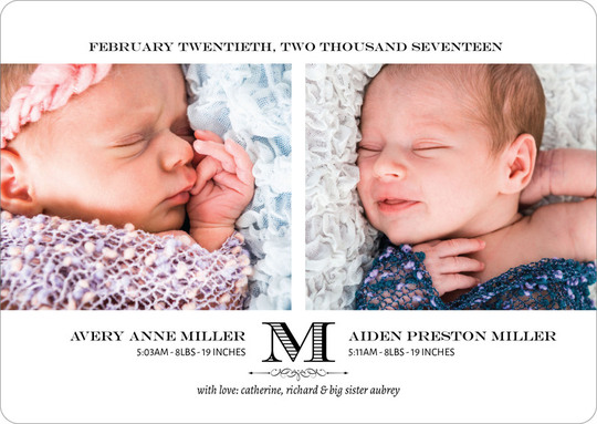 Initial Twins Photo Birth Announcements